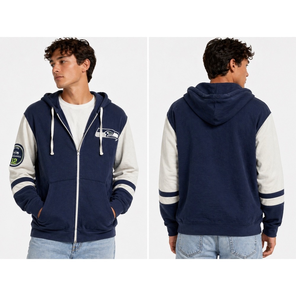 Majestic‎ Seattle Seahawks Zip Hoodie Mens Large Navy Colorblock NFL Fan Jacket
